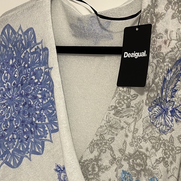 NWT - Desigual Women’s Sheer Mesh V Neck Sequin Metallic Knit Sweater - Size L - Picture 2 of 12